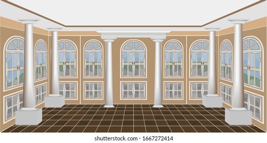 background in the form of a large room with large windows and columns