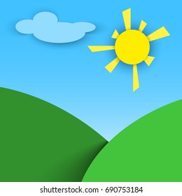 Background in the form of paper nature with mountains and sky and sun.