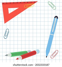 Background in the form of a sheet of a school notebook with pencils, ballpoint pen, ruler and paper clips laid out on it. Vector illustration.