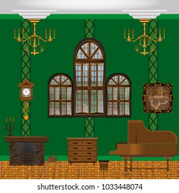 Background in the form of a spacious living room or a concert hall, a fireplace and a grand piano