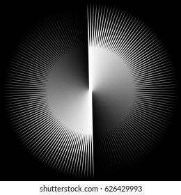 Background in the form of a white ball on a black background with rays twisted in a spiral