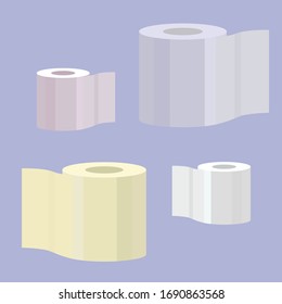 Background of four rolls of toilet paper of different colors and sizes. Toilet paper design. Yellow, pink, white, blue toilet paper. Vector illustration of hygiene supplies