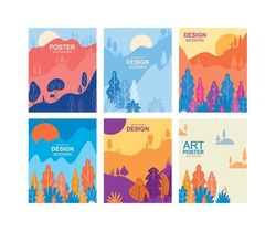 Background With Four Seasons. Set Of Posters For Winter, Spring, Summer And Autumn. Drawings Of Nature, Park And Mountains.