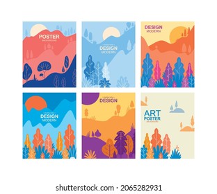 Background With Four Seasons. Set Of Posters For Winter, Spring, Summer And Autumn. Drawings Of Nature, Park And Mountains.