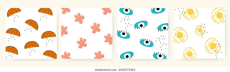 Background of four sets. Set of hand drawn various shapes and doodle objects. Abstract contemporary modern trendy vector illustration. All elements are isolated. Suitable for posters, brochures