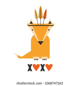Background, fox with feathers, english text. XOXO, cute poster design. Backdrop vector with lettering. Decorative illustration, hearts. Save the date card. Muzzle of animal