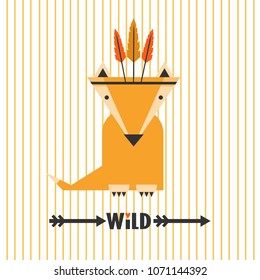 Background, fox with feathers, english text. Wild, cute poster design. Backdrop vector with lettering. Decorative illustration, arrows. Save the date card. Muzzle of animal