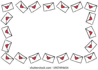Hintergrund, Rahmen, Hintergrund mit Liebesbriefen für die Inschrift zum Tag des Hl. Valentins. Umschläge mit roten Herzen im Doodle-Stil. Für eine Karte, ein Banner, einen Flyer, ein Zertifikat