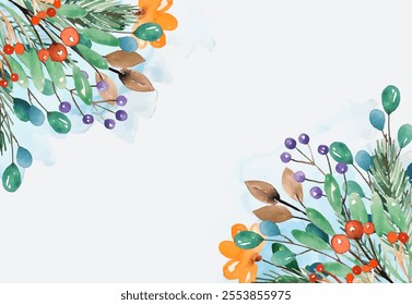 Background frame with berries, branches, flowers and spruce in watercolour style in vector.