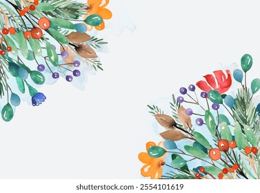 Background frame with berries, branches, flowers and spruce in watercolour style in vector.