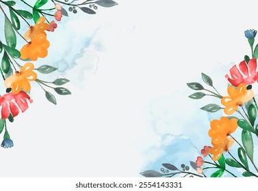 Background frame with berries, branches and flowers in watercolour style in vector.