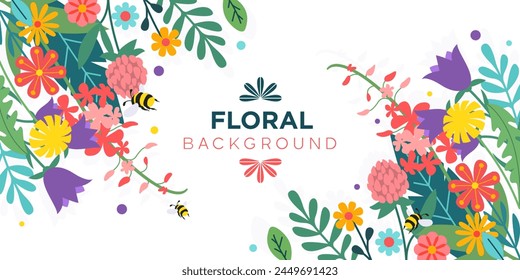 Background frame with blooming meadow flowers and bumblebees in vector, flat style.