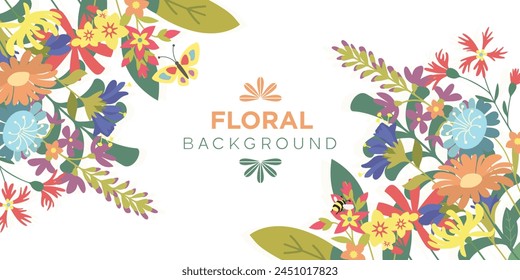 Background frame with blooming meadow flowers, butterfly and bumblebee in vector, flat style.