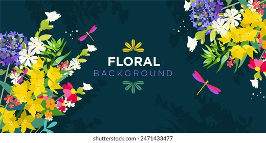 Background frame with blooming meadow flowers and dragonflies in vector, flat style.