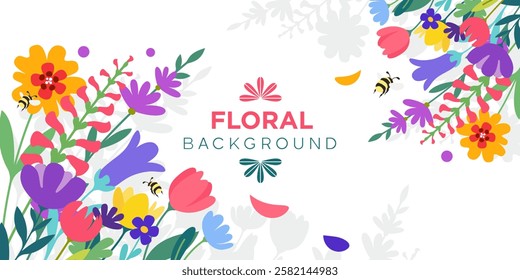 Background frame with blooming meadow, garden flowers and bumblebees in vector, flat style.