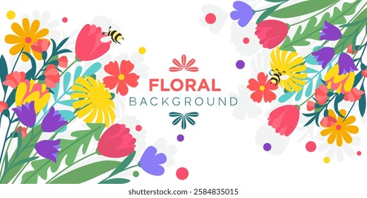 Background frame with blooming meadow, garden flowers and bumblebees in vector, flat style.