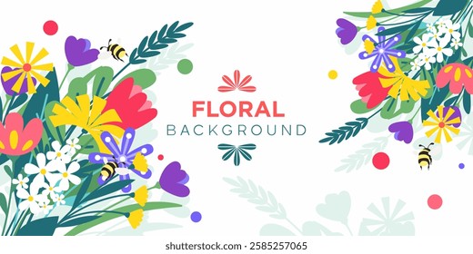 Background frame with blooming meadow, garden flowers and bumblebees in vector, flat style.