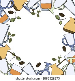 Background frame with a border with a glass for coffee drinks latte irish coffee on a white background, hand drawing, doodling.