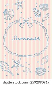 Background frame border illustration decorated with seashells, Vector design template for card, invitation, poster.
