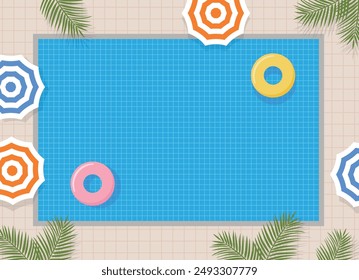 Ilustración de borde de marco de fondo del concepto de temporada de verano. Fondo colorido de la piscina con tubos, sombrillas y palmeras.
