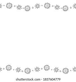 Background, frame, border from molecules, cells of virus, bacteria. Horizontal top and bottom edging, border on theme of Pandemic, epidemic covid-19, quarantine, vaccination. Vector drawn isolated