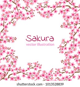 Background with a frame - a branch of a pink blossoming cherry. Sakura. Design for a banner, invitations, cards. Vector illustration.