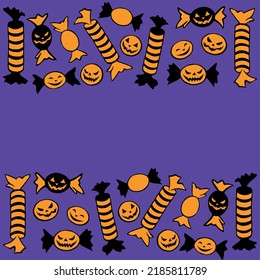 Background, frame of candy in different wrappers in Halloween style . Horizontal top and bottom edging, border of sweets. Trick or treat. Background for guising, invitation, party poster