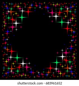 Background frame with colored stars on a black background with space for text. Vector illustration for web design.