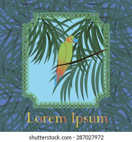 Background with frame and colourful parrot bird.Vector illustration 