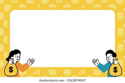 A background frame with copy space where men and women who are trying to improve their money and financial literacy hold dollar piggyback bags and talk about savings