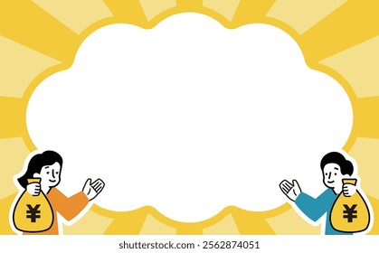 A background frame with copy space where men and women who are trying to improve their money and financial literacy hold yen piggyback bags and talk in speech bubbles about savings