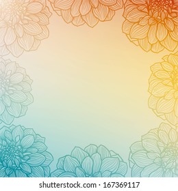 Background with frame of Dahlia flower. Soft light colors, vector illustration.