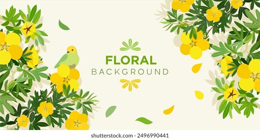 Background frame decor with yellow flowers on branches and a bird in vector, flat style.