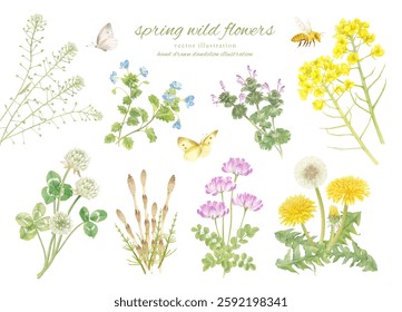 Background frame decorated with watercolor hand drawn spring flowers