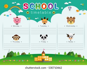 background frame design of School Timetable with animal head, Schedule,Weekly school timetable vector illustration