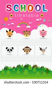 background frame design of School Timetable with animal head, Schedule,Weekly school timetable vector illustration