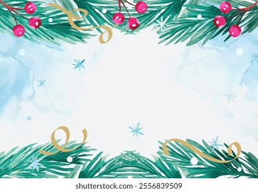 Background frame with fir branches, berries, snowflakes and confetti in watercolour style in vector.
