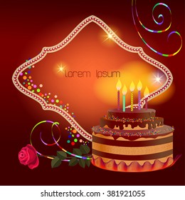 Background frame with flower for a greeting card and invitation on birthday party. Birthday cake with candles. 