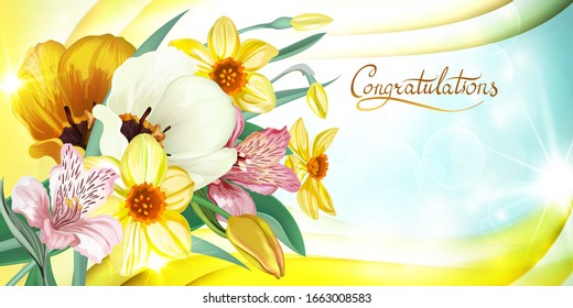 Background, frame of flowers of tulips and narcissus, daffodils and Alstroemeria, lilies. Decorative greeting card , happy birthday, wedding, happy mother 's day, advertising, sales, discounts, labels