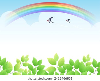 Background frame of fresh greenery, rainbow, and swallows