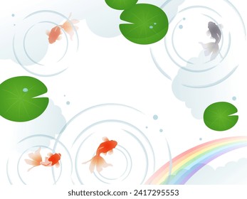 Background frame of goldfish, lotus, and rainbow reflected in water