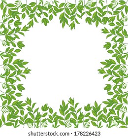 Background, frame of green leaves isolated on white background. Vector