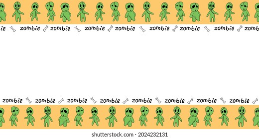 Background, frame for Halloween with cute outline zombies in doodle style. Horizontal top and bottom edging, border, decoration for greeting card, invitation, party poster, banner