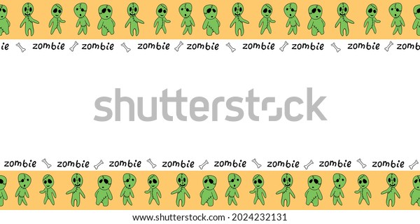 Background, frame\
for Halloween with cute outline zombies in doodle style. Horizontal\
top and bottom edging, border, decoration for greeting card,\
invitation, party poster,\
banner