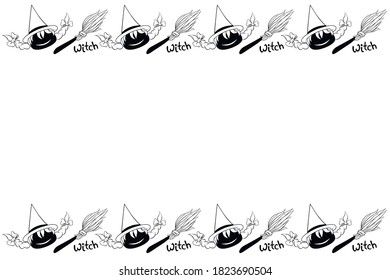 Background, frame for Halloween. Horizontal top and bottom ending, border of witch icons and brooms. Backdrop for greeting card, invitation, party poster, banner. Theme of power girl and celebration