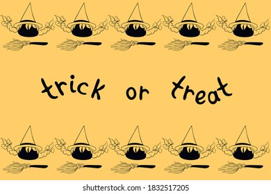 Background, frame for Halloween. Horizontal top and bottom ending, border of witch icons and brooms. Trick or treat-lettering. Backdrop for greeting card, invitation, party poster, banner