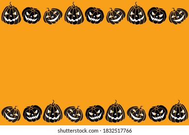 Background, frame for Halloween. Horizontal top and bottom edging, border of festive elements and characters - Jack lantern, pumpkin. Background for greeting card, invitation, party poster, banner
