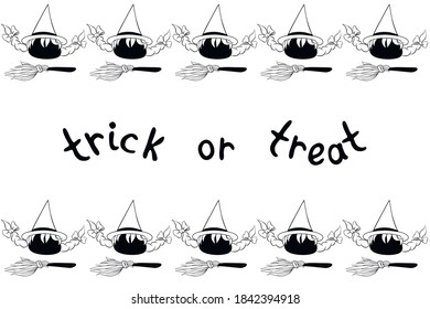 Background, frame for Halloween. Horizontal top and bottom ending, border of witch icons and brooms. Trick or treat-lettering. Backdrop for greeting card, invitation, party poster, banner