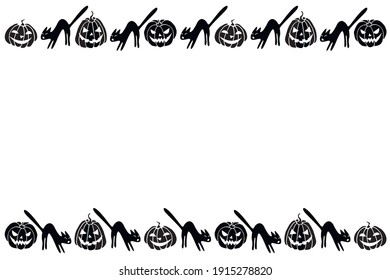 Background, frame for Halloween. Horizontal top and bottom edging, border of festive characters - Jack lantern, pumpkin, black cat. Background for greeting card, invitation, party poster, banner