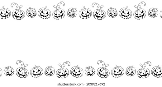 Background, frame for Halloween. Horizontal top and bottom edging, border of festive elements and characters - Jack lantern, pumpkin. Background for greeting card, invitation, party poster, banner
